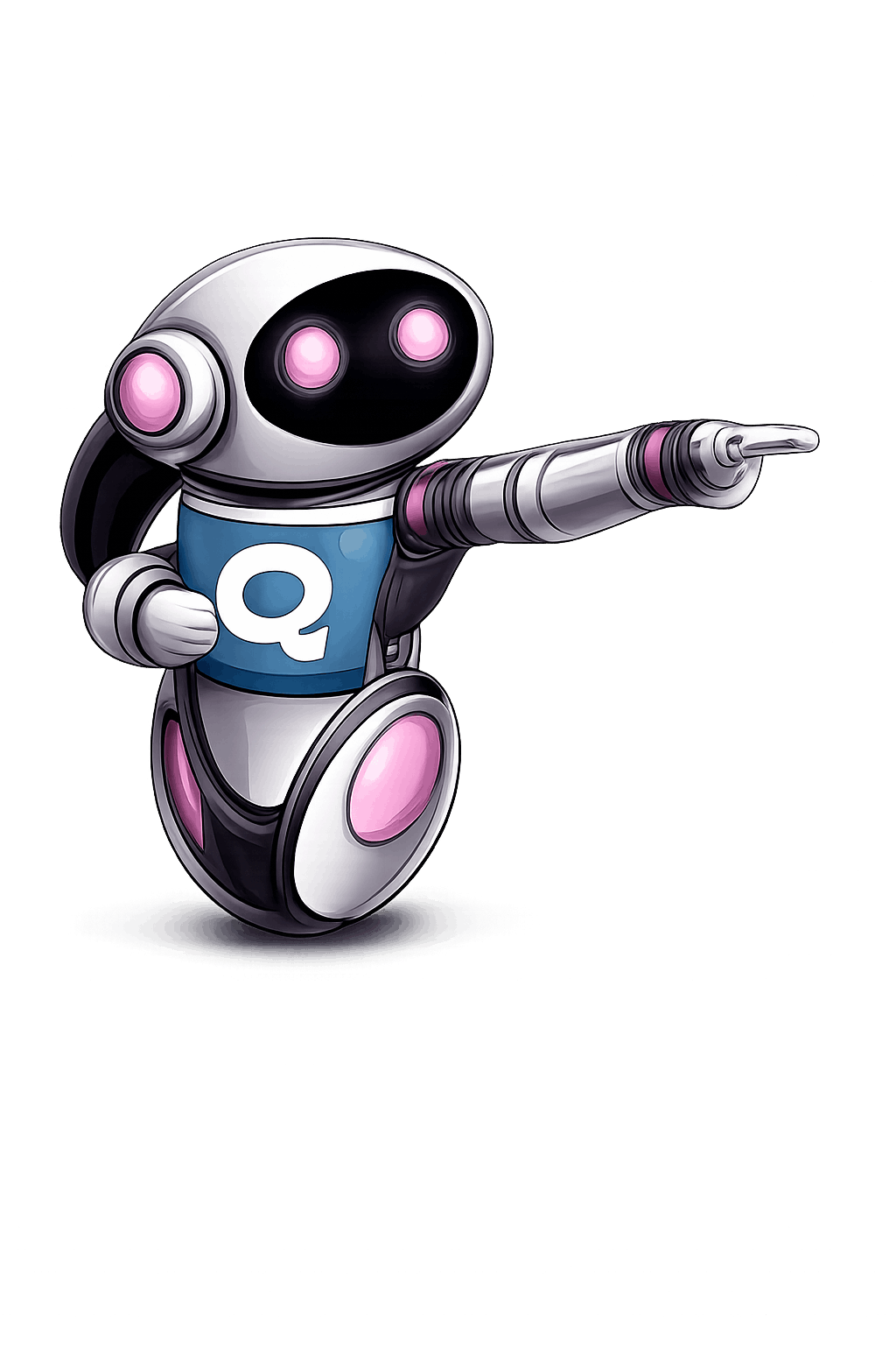AI Audio Q&A question assistant robot mascot guiding users to the Ask button, encouraging discovery and unique questions